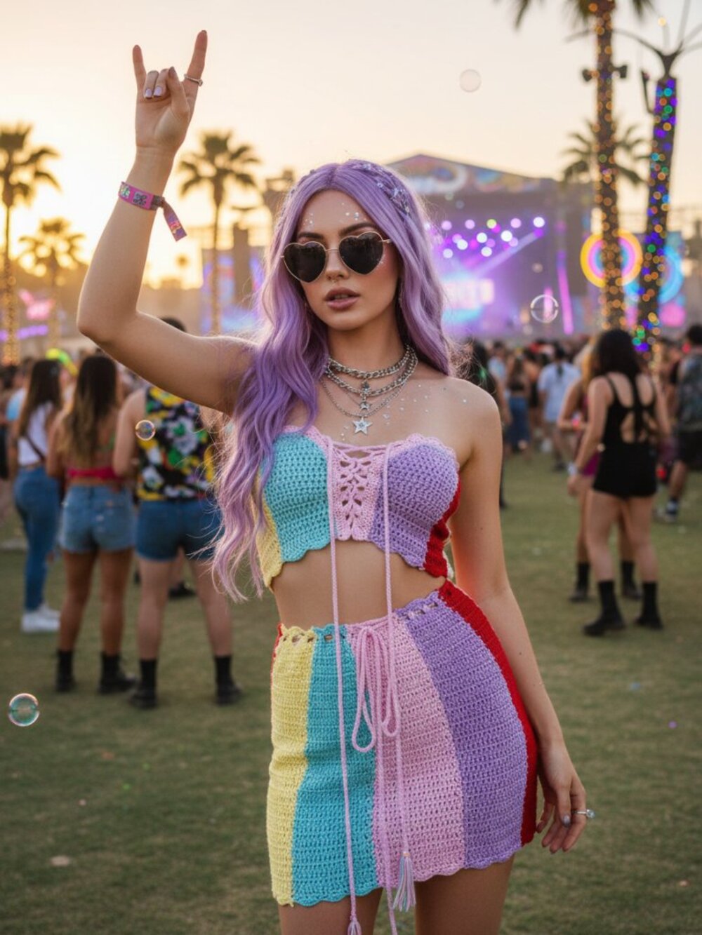 DOLLS KILL Rainbow Soul colorblock crochet festival skirt